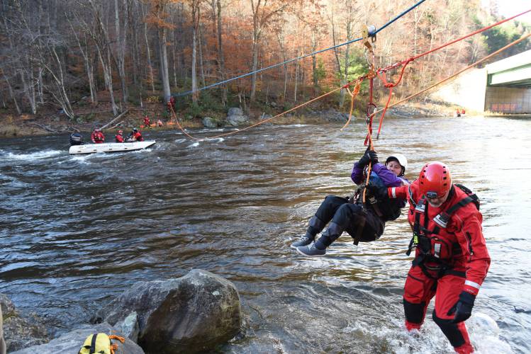Local emergency response teams as well as National Guard members practice swift river rescue skills on the Deerfield River in Charlemont in 2018. The Charlemont Fire Department received a $19,152 grant to purchase new land and water rescue equipment, including rafts for completing river rescues.