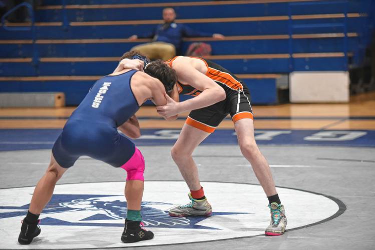 Franklin Tech’s Landon Purington (left) competes against South Hadley’s Will Drew on Friday in Turners Falls. 