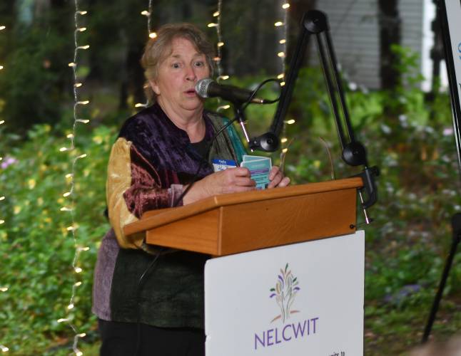 Pam Brown, retired interim executive director, speaks at an event at the New England Learning Center for Women in Transition (NELCWIT) offices on Long Avenue in Greenfield. 