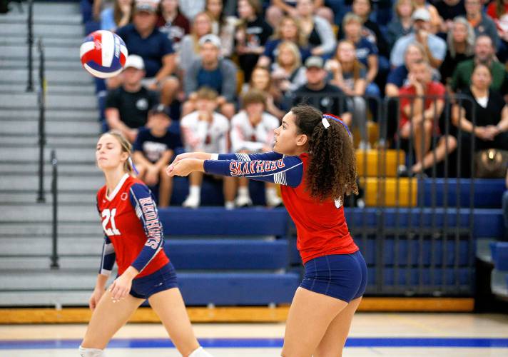 Frontier’s Gabrielle Adams (5) passes against Baystate Academy in the first set of the Western Mass. Class B girls volleyball final Saturday at Chicopee Comp.
