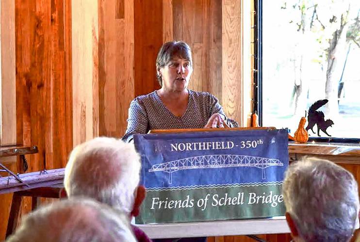 Massachusetts Director of Rural Affairs Anne Gobi speaks at the annual Friends of Schell Bridge meeting at The Brewery at Four Star Farms in Northfield on Saturday.