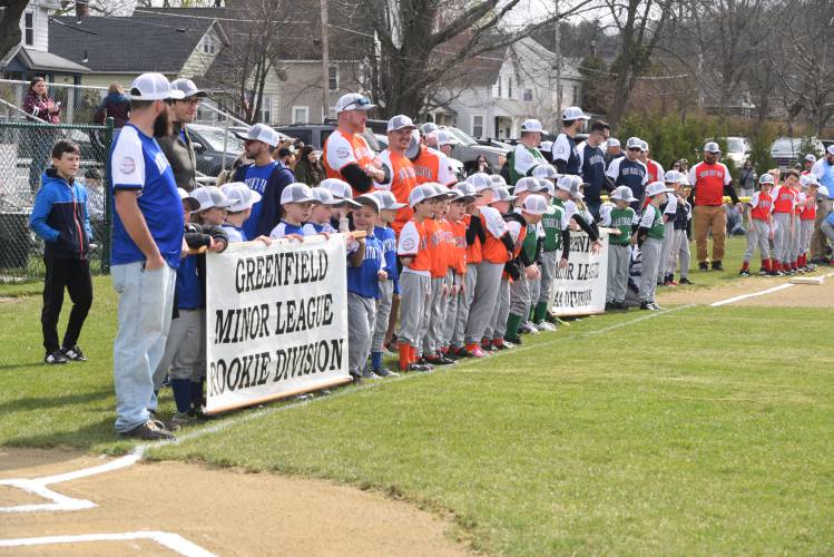 Greenfield Minor League baseball players during Sunday’s Opening Day ceremony at Lunt Field. 