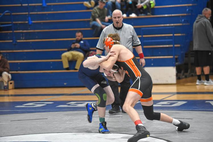 Franklin Tech’s Jacob Martin (left) competes against South Hadley’s Matt Drobiak (right) on Friday in Turners Falls. 