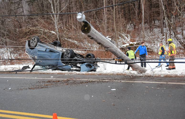 A Honda Civic struck a utility pole on Jacksonville Road (Route 112) in Colrain on Tuesday afternoon, reducing traffic to one lane while Colrain police and fire officials secured the scene. The driver was out of the vehicle as Eversource arrived.