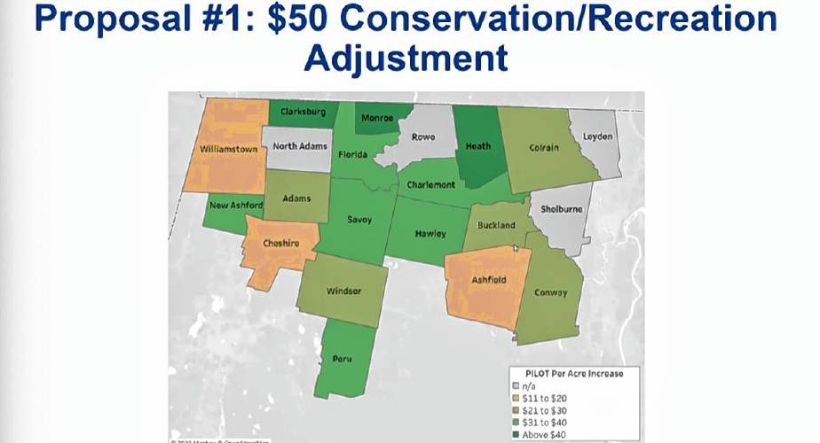 A map showing the increased payment in lieu of taxes (PILOT) program values per acre if the state sets a minimum of $50.