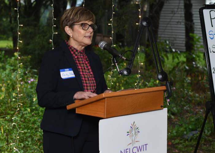 Assistant District Attorney Sandra Staub, chief of the Domestic Violence and Sexual Assault Unit, speaks at an event at the New England Learning Center for Women in Transition (NELCWIT) offices on Long Avenue in Greenfield.