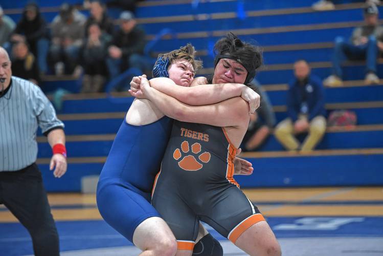 Franklin Tech’s Seamus Collins (left) competes against South Hadley’s Jaime Medina (right) on Friday in Turners Falls. 