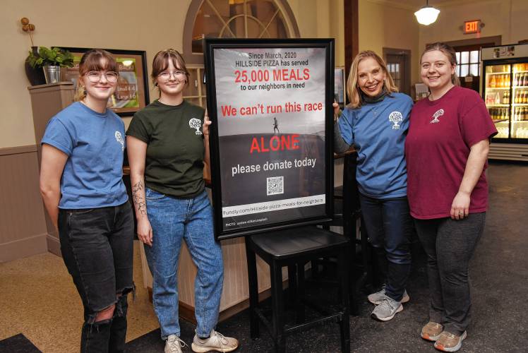 Abby Wozniak, her sister Amber Wozniak, Amy White and Vanessa Crowningsheild of Hillside Pizza in Bernardston have been serving community meals and are asking for donations.