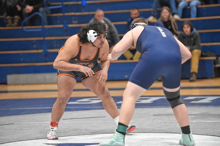 South Hadley’s Roberto Melendez (left) competes against Franklin Tech’s Dillon Laffond (right) on Friday in Turners Falls. 