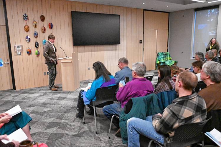 Scott Barrows, a finalist in the adult category, reads his poem at the Poet’s Seat Poetry Contest awards ceremony at the Greenfield Public Library on Tuesday evening.