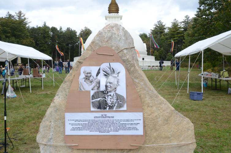 The monument dedicated to late Wampanoag medicine man Slow Turtle at the New England Peace Pagoda in Leverett.