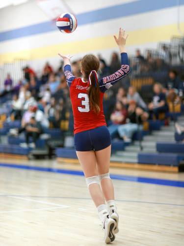 Frontier’s Emilie Candelaria (3) serves against Baystate Academy in the third set of the Western Mass. Class B girls volleyball final Saturday at Chicopee Comp.