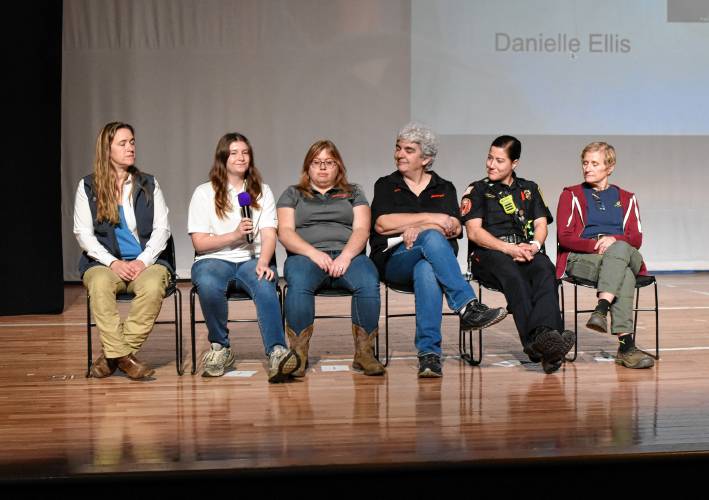 Danielle Ellis talks about her career in the workforce to a group of students from Franklin County Technical School at the Ja’Duke Center for the Performing Arts in Montague on Friday. 