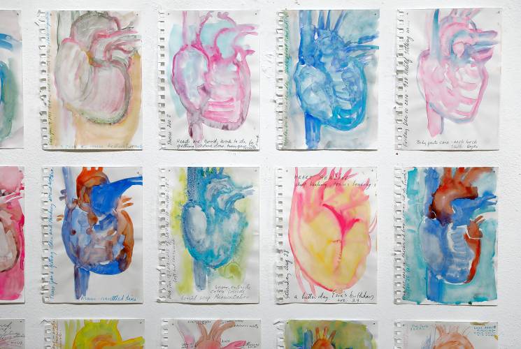 Years ago, Amherst artist Lynn Peterfreund painted these views of the human heart in a journal to help deal with her emotions when her husband was undergoing open heart surgery. The watercolor and colored pen works are now part of “Northeast Deconstructed.”
