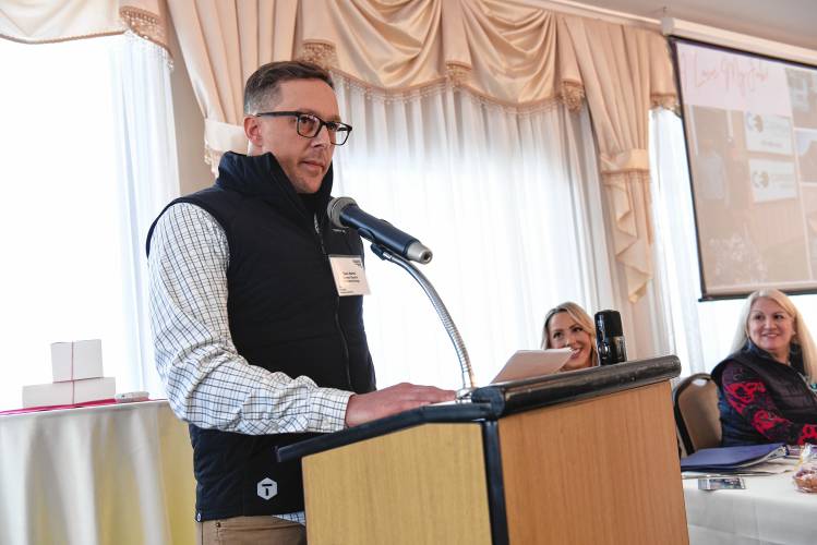 Ryan Martin, owner of Current Electric and Current Energy, speaks at the Franklin Chamber of Commerce breakfast at Terrazza on Friday morning. The theme was “I Love My Job.”