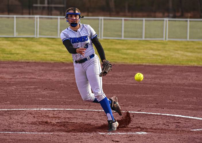 Turners Falls’ Madison Liimatainen delivers a pitch against Hopkins Academy during the host Thunder’s season-opening victory on Monday at Gary  Mullins Field in Turners Falls.