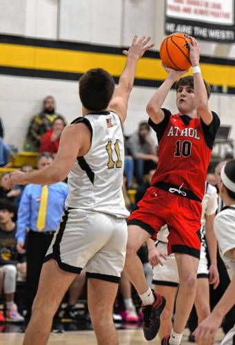 Athol’s Ben Kearney (10) during the host Panthers’ 42-32 victory in the MIAA Division 5 Round of 16 on Tuesday night at Messer Gymnasium in Northfield.
