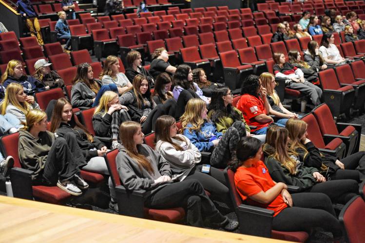 Students from Franklin County Technical School listen to women talk about their careers at the Ja’Duke Center for the Performing Arts in Montague on Friday.