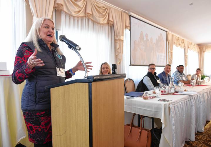 Stoneleigh-Burnham’s Head of School Laurie Lambert speaks at the Franklin Chamber of Commerce breakfast at Terrazza on Friday morning. The theme was “I Love My Job.”