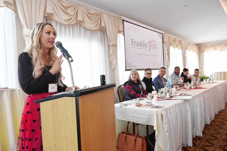 Franklin Chamber of Commerce Executive Director Jessye Deane speaks at the chamber breakfast at Terrazza on Friday morning. The theme was “I Love My Job.”