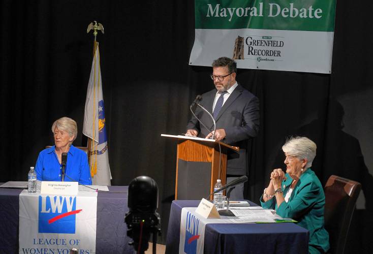 The Greenfield Mayoral Debate on Tuesday night between candidates Virginia “Ginny” DeSorgher and Roxann Wedegartner introduced by Greenfield Recorder Executive Editor Dan Crowley at Greenfield Community Television studios in Greenfield.