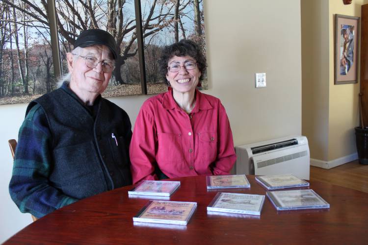 Folklorists Michael and Carrie Kline, pictured in their Sunderland home, are presenting  “New Lights in the Dawnland,” which features regional Indigenous voices and encompasses nearly 13,000 years of native history in a two-hour audio documentary.