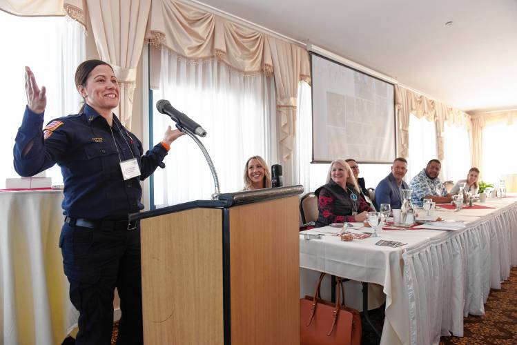 Turners Falls Fire Department Capt. Trisha Dana speaks at the Franklin Chamber of Commerce breakfast at Terrazza on Friday morning. The theme was “I Love My Job.”