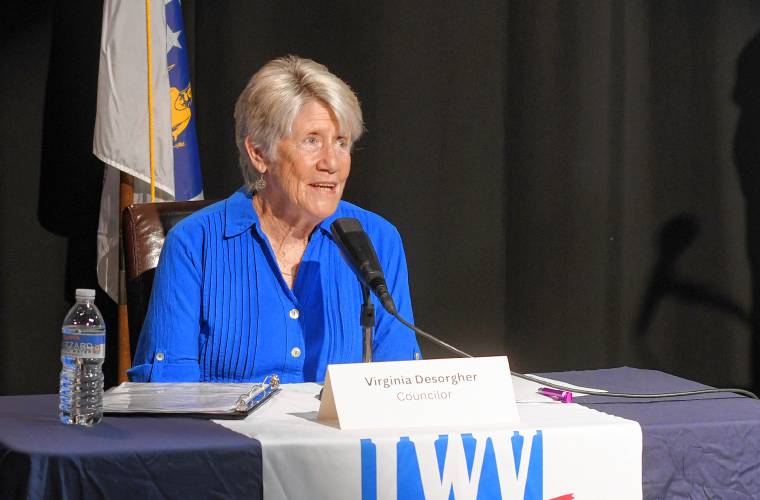 Mayoral candidate Virginia “Ginny” DeSorgher speaks at the Greenfield Mayoral Debate on Tuesday night at Greenfield Community Television studios in Greenfield.