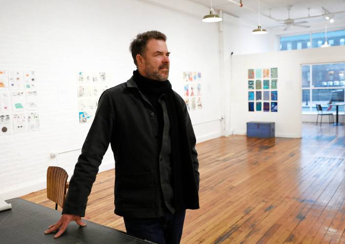 PULP Gallery owner Dean Brown received submissions from 300 artists for “Northeast Deconstructions.” The exhibit features work from 18 of them, arranged in large grids.