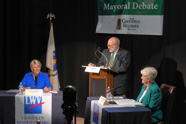 The Greenfield Mayoral Debate between candidates Virginia “Ginny” DeSorgher and Roxann Wedegartner moderated by Stewart “Buz” Eisenberg.