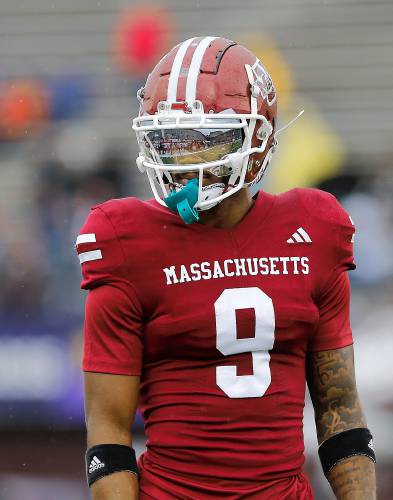 Umass wide receiver Anthony Simpson (8) eyes the New Mexico sideline before a play in the second quarter Saturday at McGuirk Alumni Stadium in Amherst.