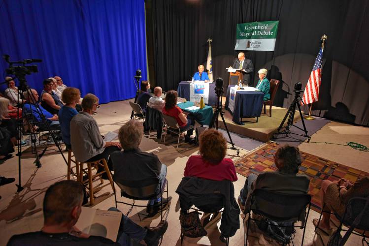 The Greenfield Mayoral Debate on Tuesday night between candidates Virginia “Ginny” DeSorgher and Roxann Wedegartner moderated by Stewart “Buz” Eisenberg at Greenfield Community Television studios in Greenfield.