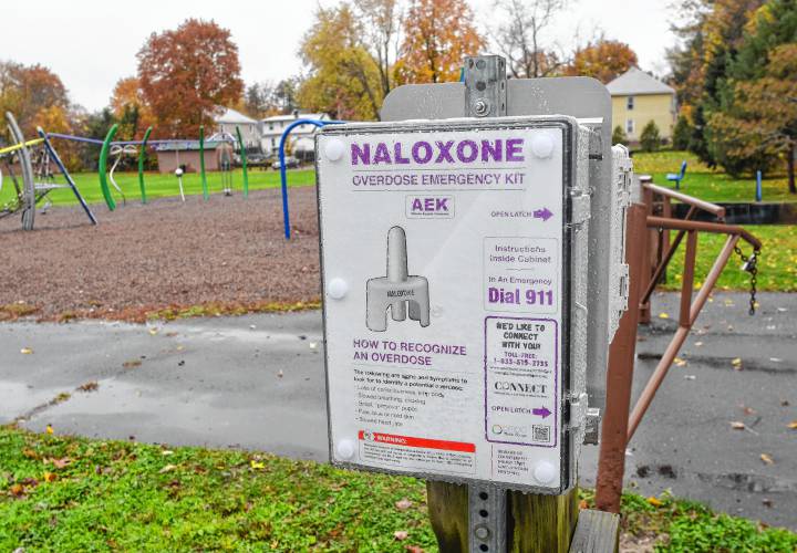 The city, in conjunction with local social service agencies, has installed boxes containing opioid overdose reversal medication at Hillside Park, pictured, as well as at Energy Park and in the public restrooms in Greenfield City Hall. 