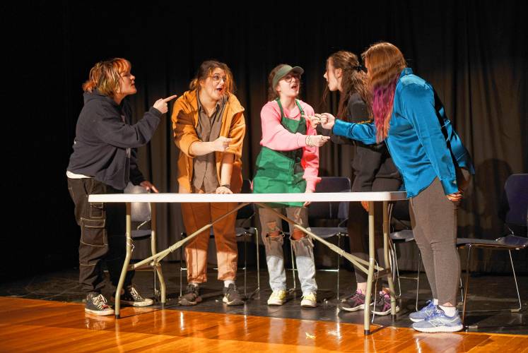 Pioneer Valley Regional School students rehearse a scene from “How to Kill a Mockingbird” on Wednesday.