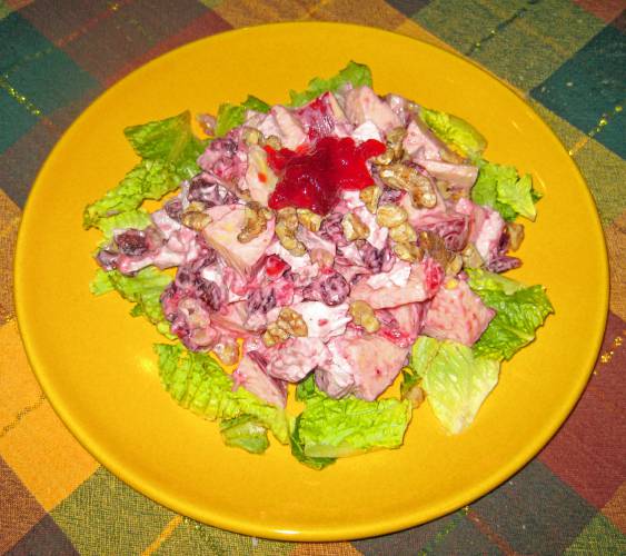 Tinky’s post-Thanksgiving spin on the famous Waldorf Salad, which includes cranberry sauce (thus the pink color) and leftover turkey 