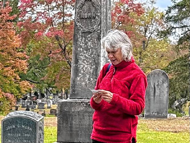 Historical Society President Carol Aleman leads a walking tour of Green River Cemetery focusing on late Greenfield residents who supported the anti-slavery and abolition movements.