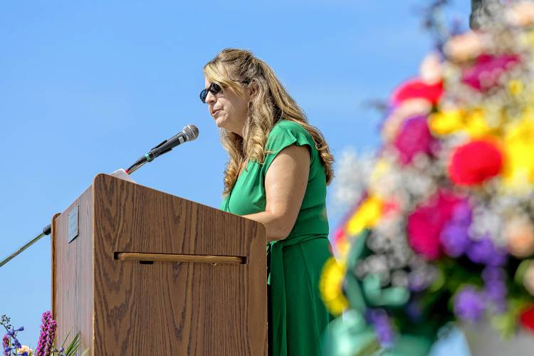 Karin Patenaude, who was principal of Greenfield High School at the time, speaks at the graduation ceremony for the Class of 2021 at Veterans Field in Greenfield. The Greenfield School Committee voted favorably this week to appoint Patenaude, who now serves as assistant superintendent of teaching and learning, as the district’s next superintendent.