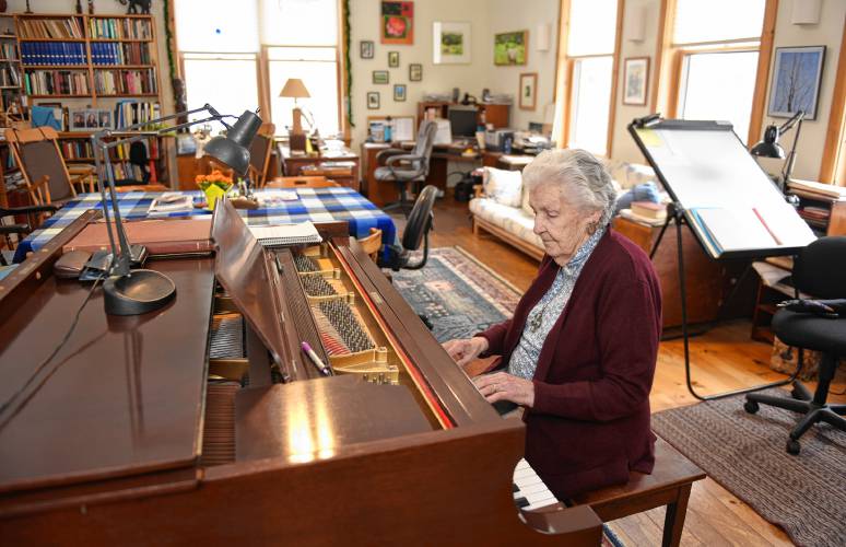 Composer Alice Parker, pictured in the studio section of her Hawley home in 2019, has died at the age of 98.