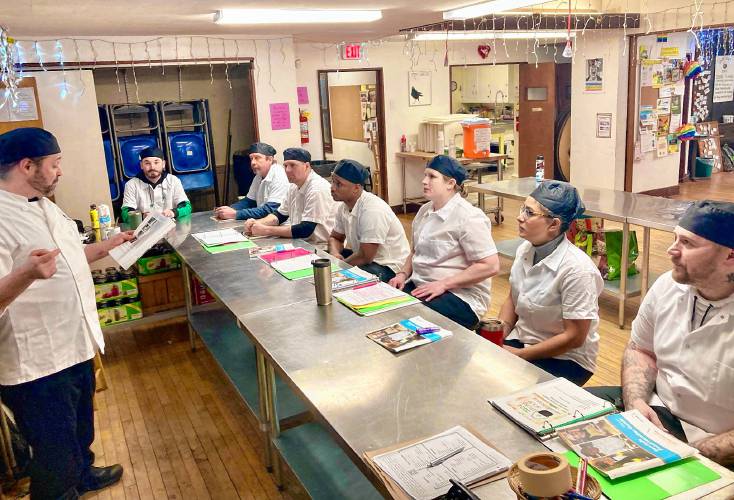 Chef Instructor Brandon Shantie gives a ServSafe lecture to Stone Soup Culinary Institute students in Greenfield.