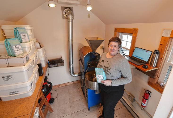 Ericka Almeida of Stout Pigeon Coffee with her 3-kilogram vintage drum roaster at her Turners Falls business.