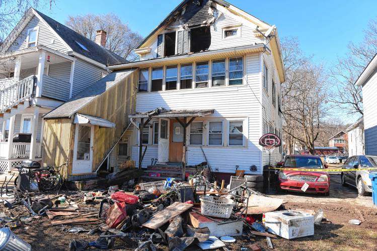 The rear of the fire-damaged residential building at 7 G St. in the Patch section of Turners Falls. 
