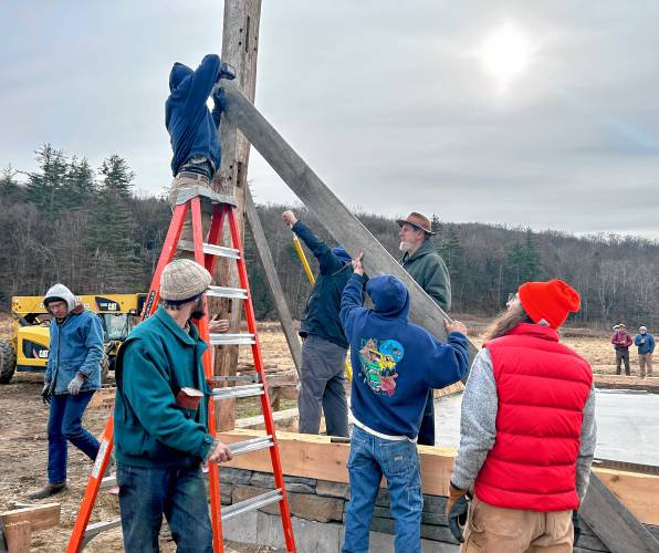 The Cruckfather LLC crew raises the first beam of the historic barn at the Wilder Homestead on Route 112 in Buckland on Tuesday.