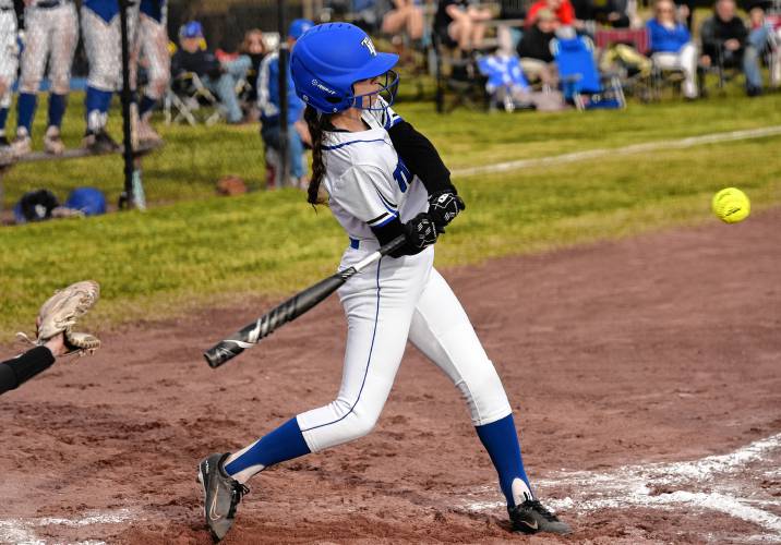 Turners Falls’ Ella Kolodziej (9) swings against Hopkins Academy during the host Thunder’s season-opening victory on Monday at Gary  Mullins Field in Turners Falls.
