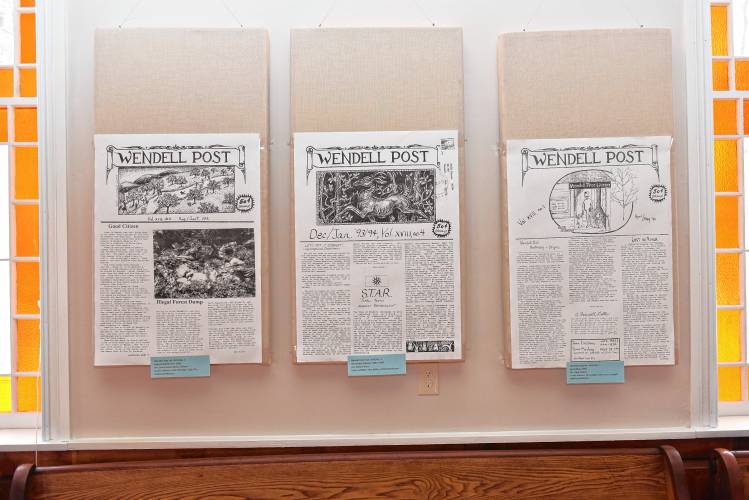 Enlarged copies of the Wendell Post, a volunteer-driven newspaper published from 1977 and 2001, are on display at the Wendell Meetinghouse.
