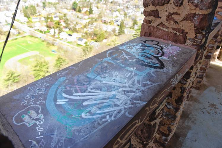 Every lintel that was installed in each opening a few years ago is covered in graffiti at Poet’s Seat Tower in Greenfield.