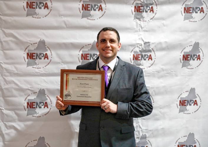 Greenfield Recorder Staff Writer Domenic Poli received a first place honor for news reporting from the New England Newspaper & Press Association during an awards ceremony in Waltham on Saturday, March 23.