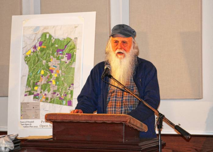 Bill Stubblefield speaks at a meeting of the “No Assaultin’ Battery Citizens Committee,” a non-governmental entity in opposition to the 105-megawatt battery storage facility proposed for the center of Wendell.