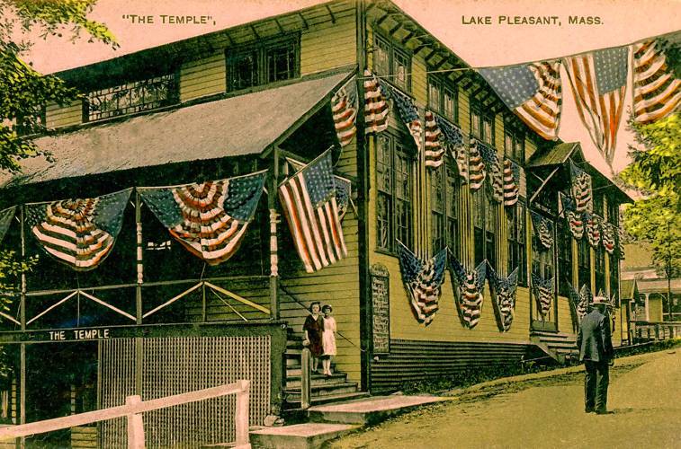 A postcard depicting the Tabor Thompson Memorial Temple in Lake Pleasant.