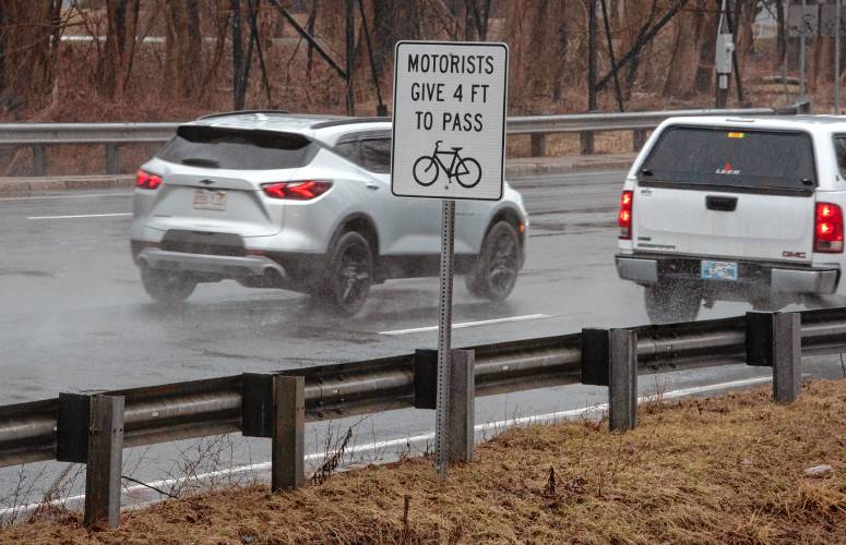 Signs reminding drivers to provide space for bicyclists on Route 9 in Hadley just over the Coolidge Bridge.  A year after MassBike played a key role in passage of a law aimed at making roads safer for “vulnerable users” — bicyclists, pedestrians and more — the coalition is again pushing for more law changes designed to add further protection for these users.  