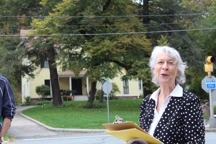 Greenfield resident Carol Aleman, who has taken on historical research after retiring, stands in front of 500 High St. in 2021 while highlighting local ties to the Underground Railroad and abolitionist movement.